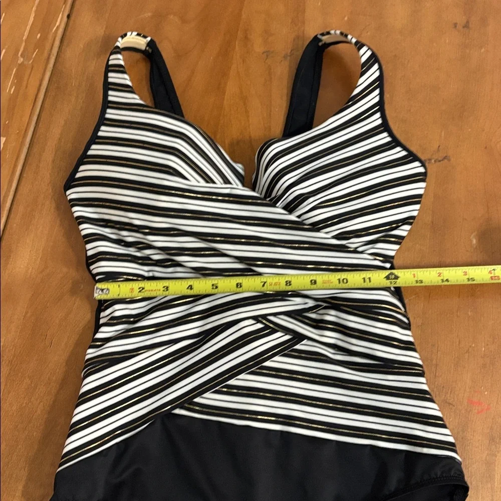 Miraclesuit One Piece Swimsuit in Black White and Gold Stripes Size 16